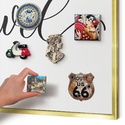 Metal magnet board with a gold frame Let's travel together