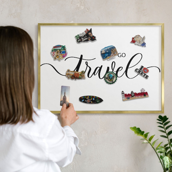 Metal magnet board with a gold frame Let's travel together