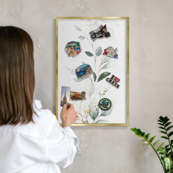 Metal magnet board with a gold frame Botanical elegance