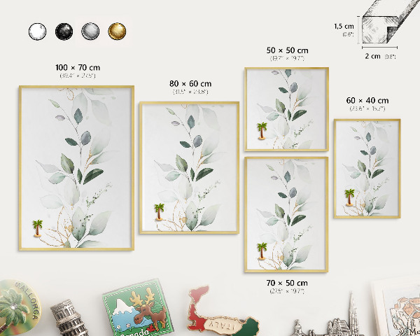 Metal magnet board with a gold frame Botanical elegance