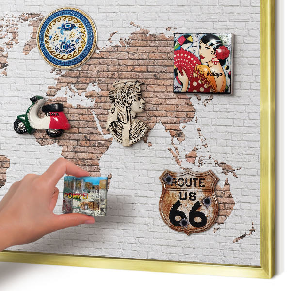 Metal magnet board with a gold frame Brick map