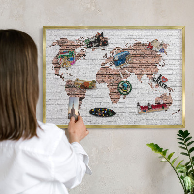 Metal magnet board with a gold frame Brick map