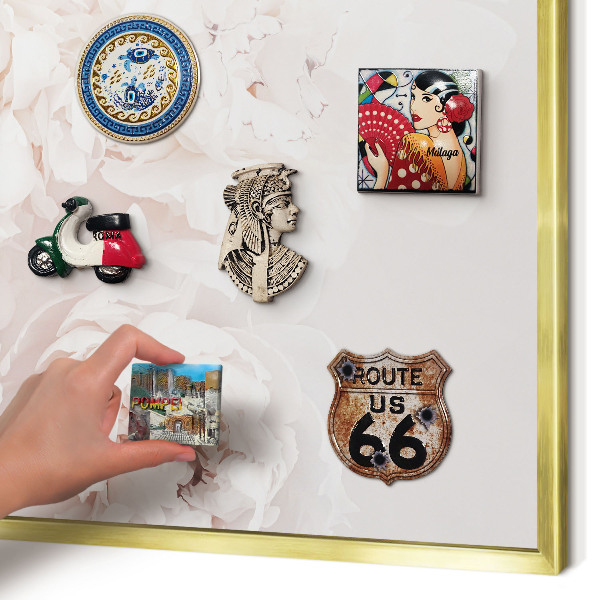 Metal magnet board with a gold frame White peonies