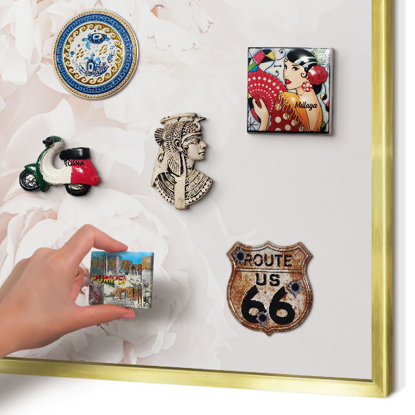 Metal magnet board with a gold frame White peonies