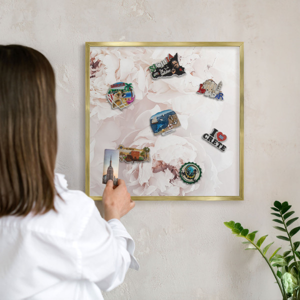 Metal magnet board with a gold frame White peonies