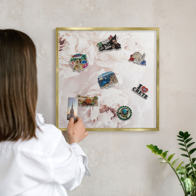 Metal magnet board with a gold frame White peonies