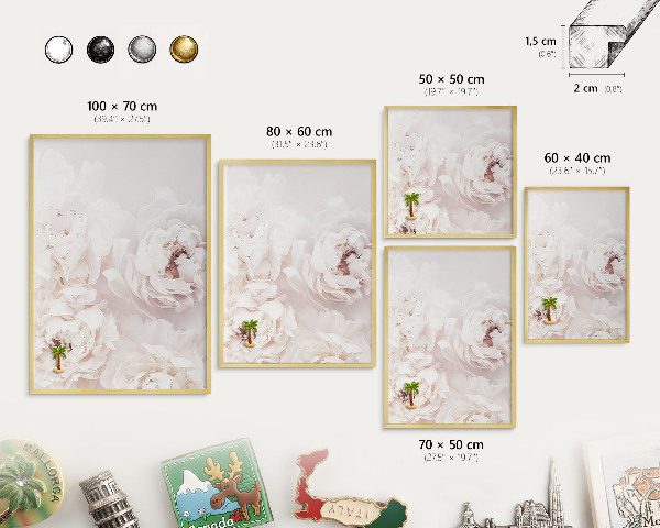 Metal magnet board with a gold frame White peonies