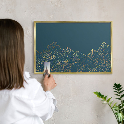 Metal magnet board with a gold frame Mountain minimalism