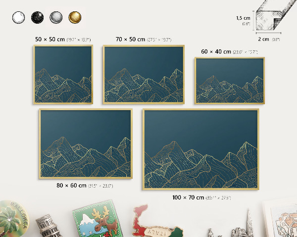 Metal magnet board with a gold frame Mountain minimalism