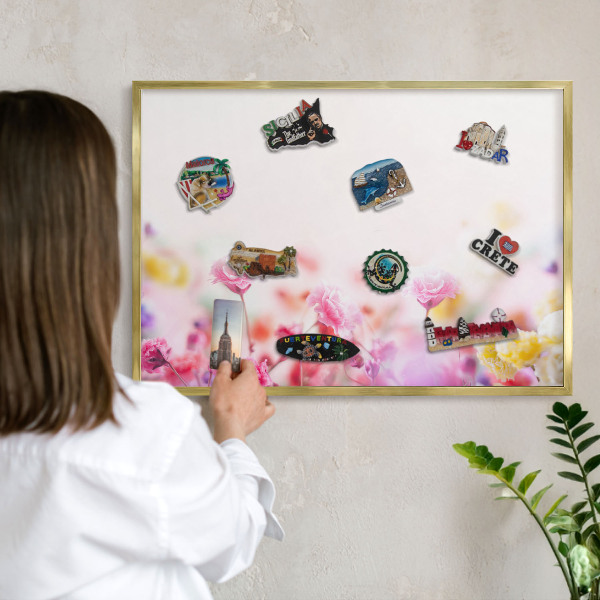 Metal magnet board with a gold frame Pastel flowers