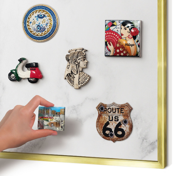 Metal magnet board with a gold frame Elegant marble