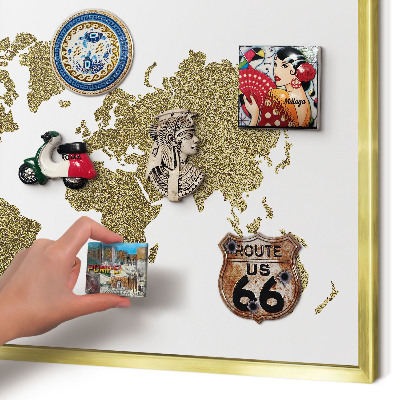 Metal magnet board with a gold frame World map