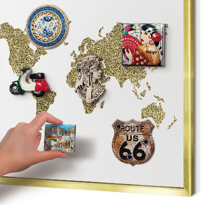 Metal magnet board with a gold frame World map