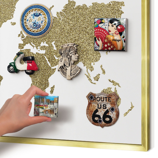 Metal magnet board with a gold frame World map