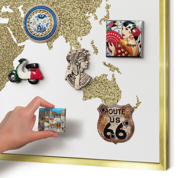 Metal magnet board with a gold frame World map