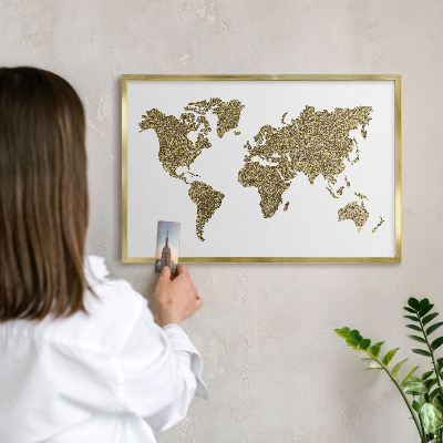 Metal magnet board with a gold frame World map