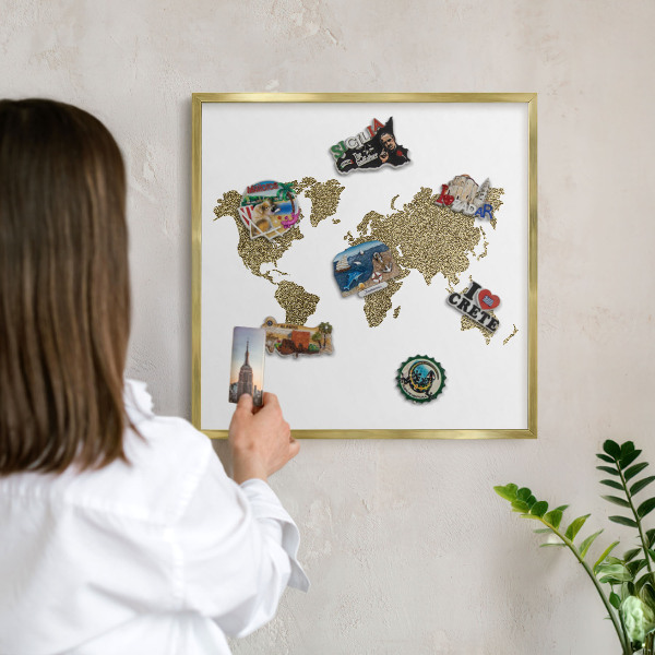 Metal magnet board with a gold frame World map