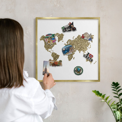 Metal magnet board with a gold frame World map