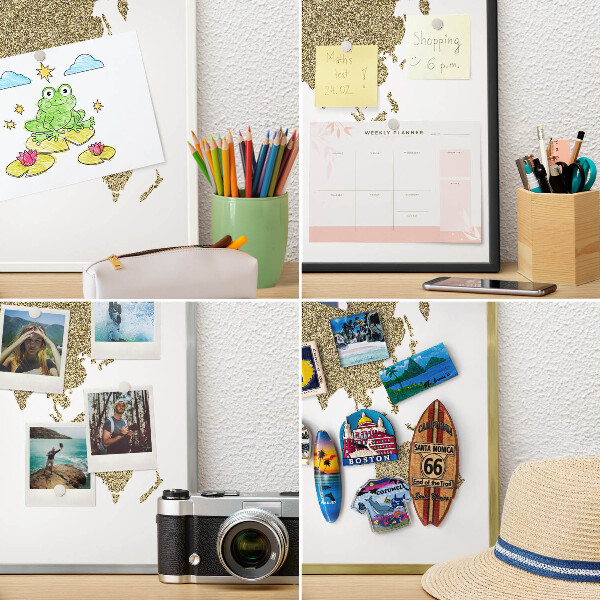 Metal magnet board with a gold frame World map