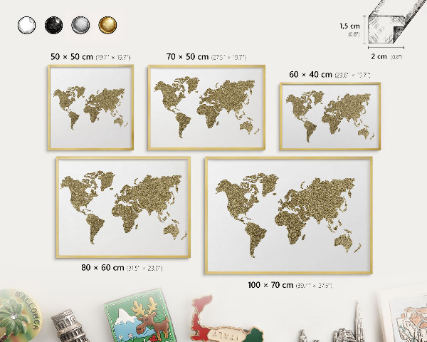 Metal magnet board with a gold frame World map