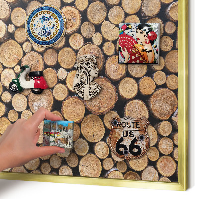 Metal magnet board with a gold frame Wooden circles