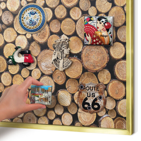 Metal magnet board with a gold frame Wooden circles