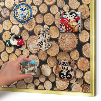Metal magnet board with a gold frame Wooden circles