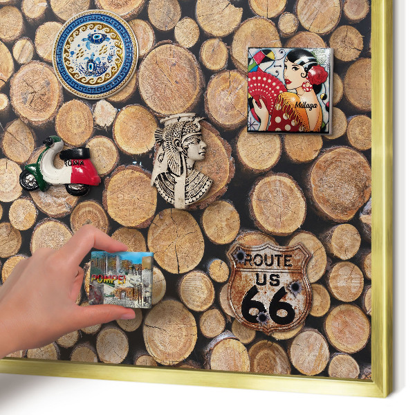 Metal magnet board with a gold frame Wooden circles