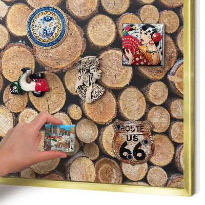 Metal magnet board with a gold frame Wooden circles