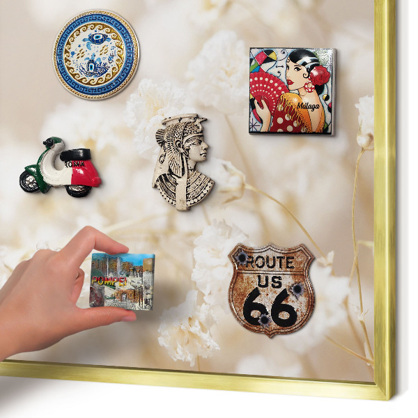 Metal magnet board with a gold frame Beige flowers