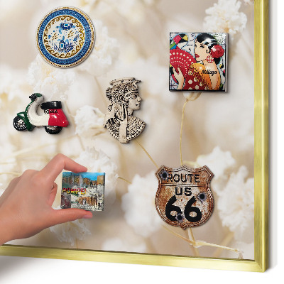 Metal magnet board with a gold frame Beige flowers