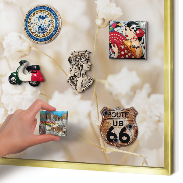 Metal magnet board with a gold frame Beige flowers