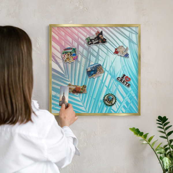 Metal magnet board with a gold frame Tropical elegance