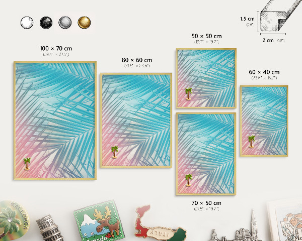 Metal magnet board with a gold frame Tropical elegance