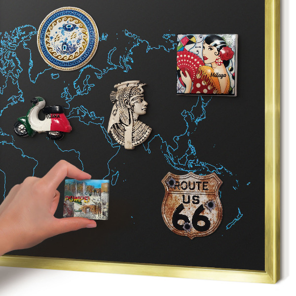 Metal magnet board with a gold frame World map