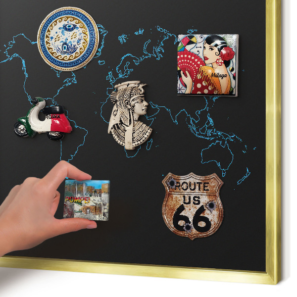 Metal magnet board with a gold frame World map