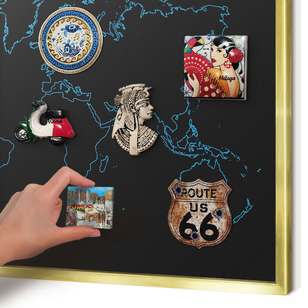 Metal magnet board with a gold frame World map