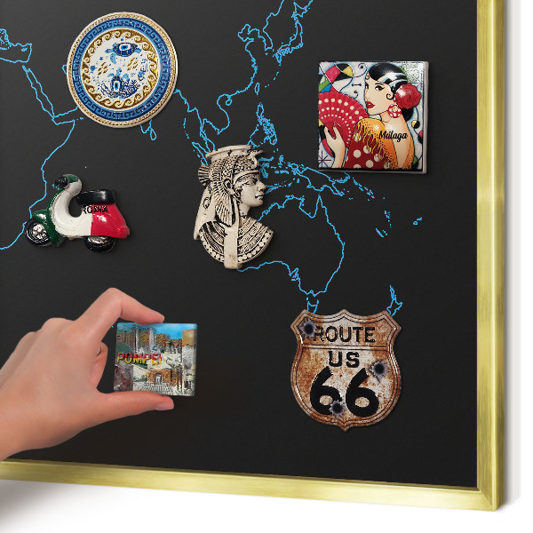 Metal magnet board with a gold frame World map
