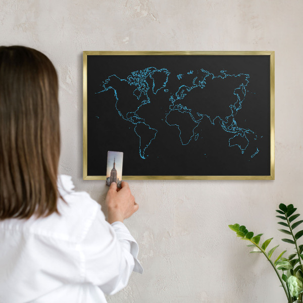 Metal magnet board with a gold frame World map