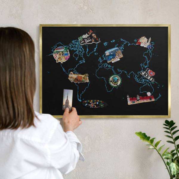 Metal magnet board with a gold frame World map