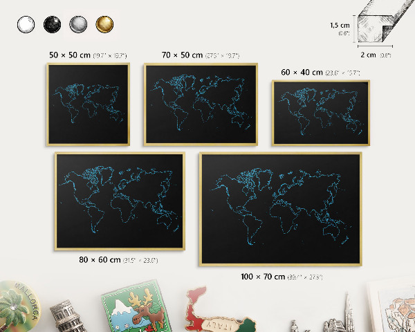 Metal magnet board with a gold frame World map