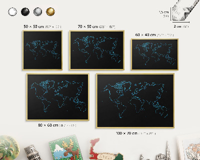Metal magnet board with a gold frame World map