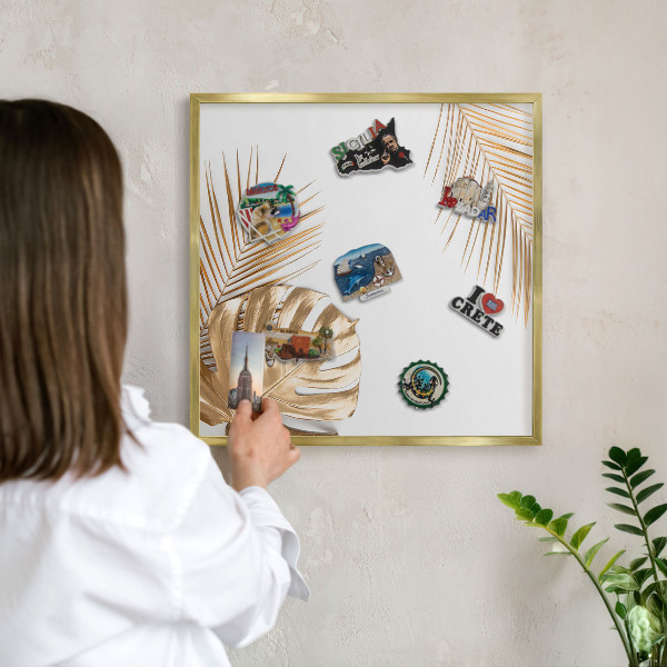 Metal magnet board with a gold frame Elegant leaves