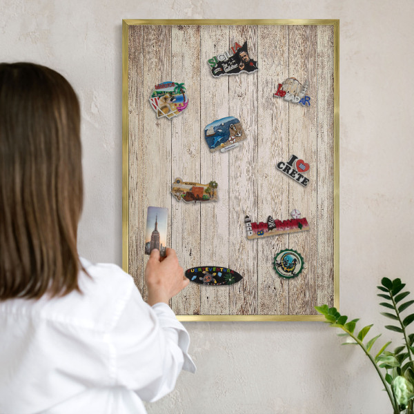 Magnetic board for magnets in a gold frame Wooden texture