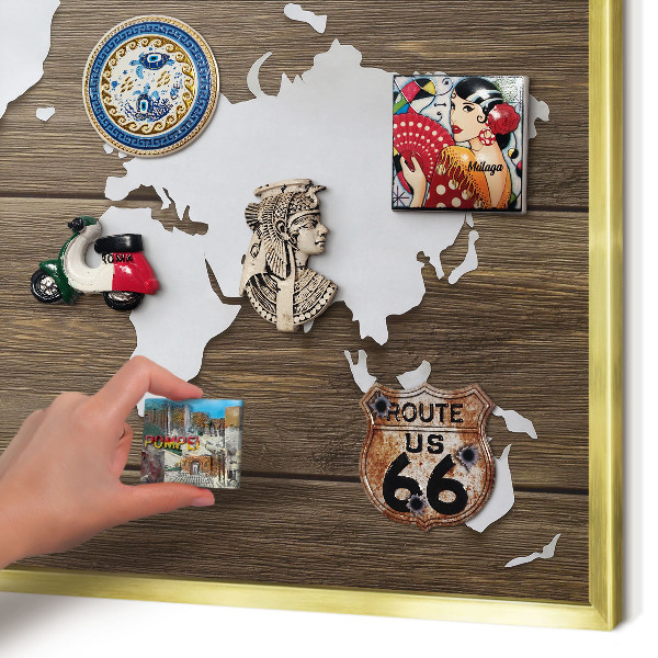 Magnetic board for magnets in a gold frame Wooden map