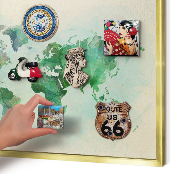 Metal magnet board with a gold frame World map