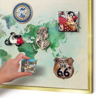 Metal magnet board with a gold frame World map