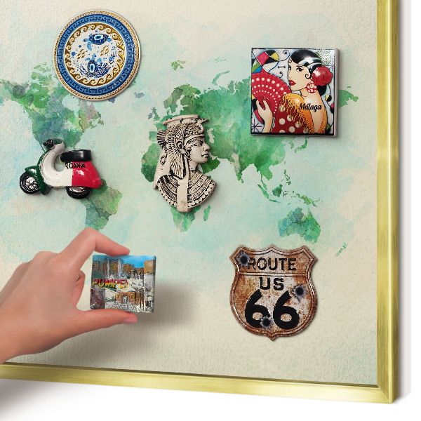 Metal magnet board with a gold frame World map