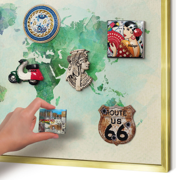 Metal magnet board with a gold frame World map