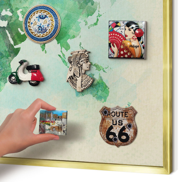Metal magnet board with a gold frame World map